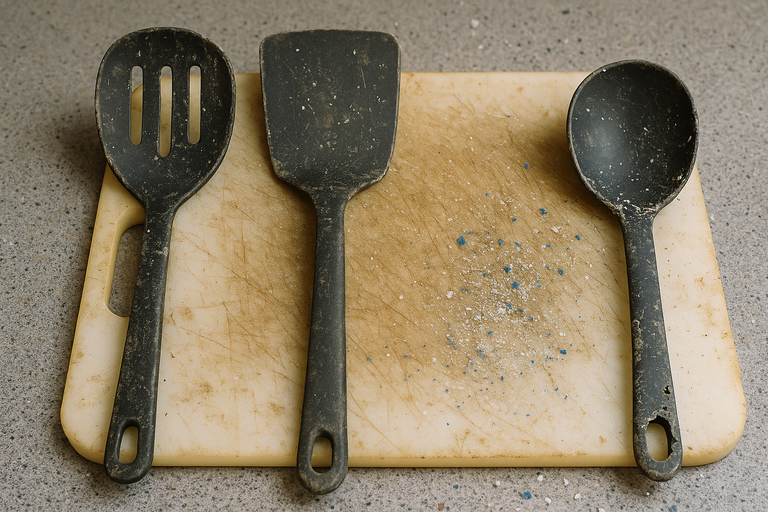 Köksredskap i plast, och plastskärbräda. slitna dåliga redskap som släpper mikroplaster!